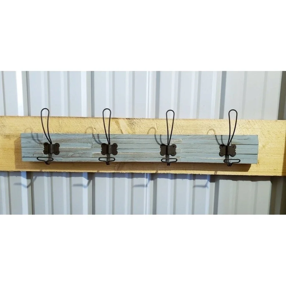Shabby Blue Wood 4 large Coat Hooks Farmhouse 32